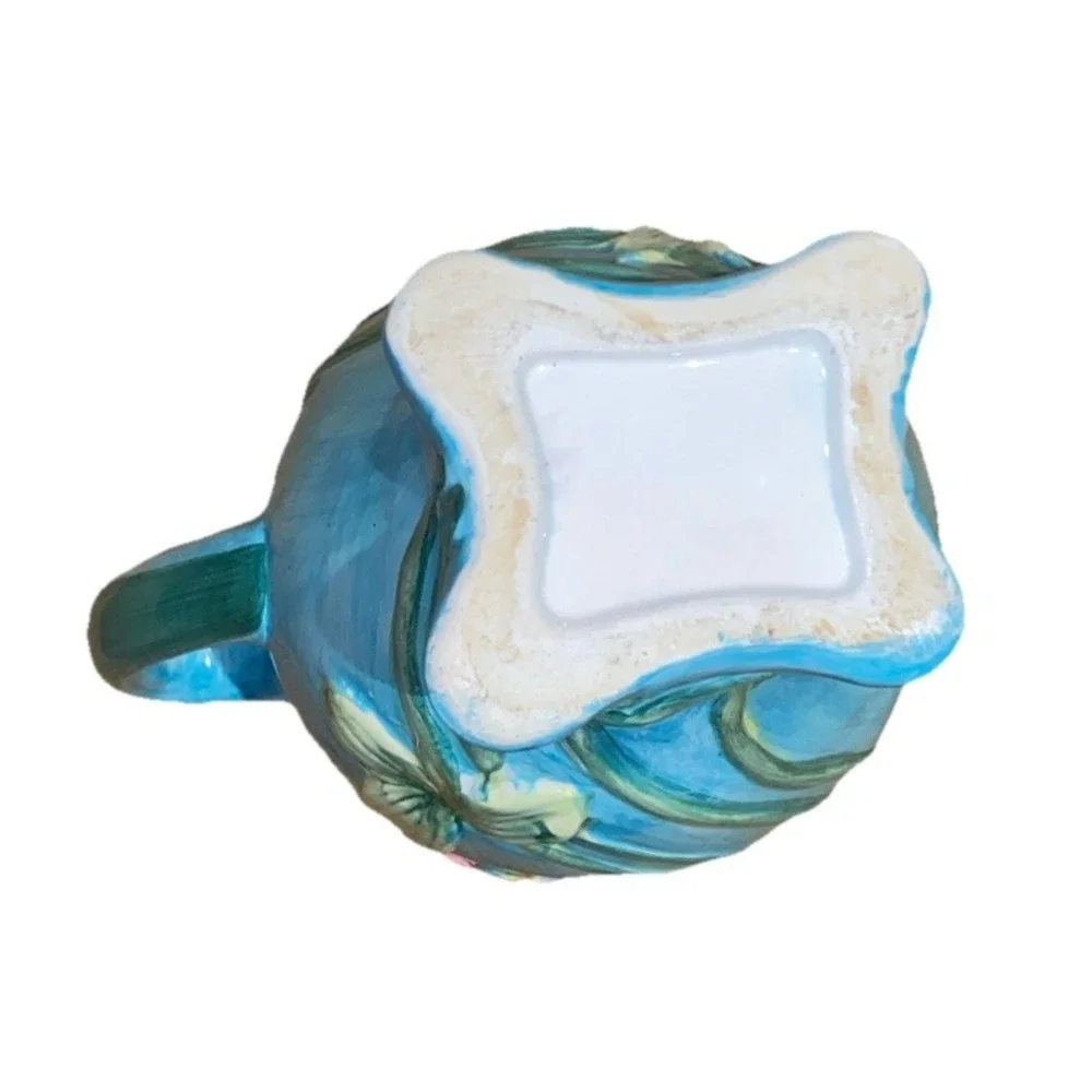 Pottery Pitcher Ewer Vase‎ Pastel Blue Pink Majolica Floral Flowers 9.5